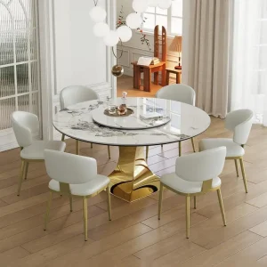 59" Round Sintered Stone Dining Table Set with Gold Stainless Steel Hourglass Base & 6 Grey Padded Chairs - Modern Luxury