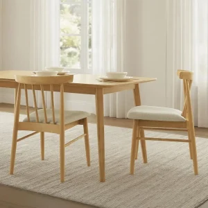Solid Oak Windsor Spindle Back Dining Chairs Set of 2 with Upholstered Seats