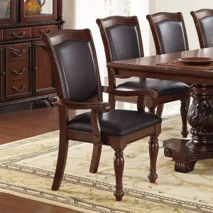 Set of 2 Brown Wood Arm Chairs, Faux Leather Upholstered Dining Furniture