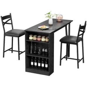 Farmhouse Bar Table and Chairs Set, 3 Piece Dining Table Set with Flip Top Extension and Storage Shelves for Kitchen Apartment