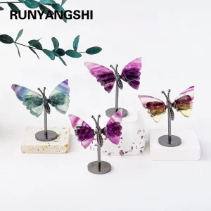 1PC Hand-Carved Natural Rainbow Fluorite Butterfly Statue - Healing Crystal Decor for Home & Office