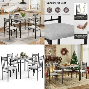 5-Piece Marble Top Dining Table Set with Cushioned Chairs in Grey