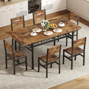 63 Extendable Dining Table with 6 Chairs, Industrial Style Kitchen Furniture Set, Rustic Brown and Black