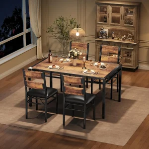 Retro Brown Wood Kitchen Table with 4 Upholstered Chairs Corner Protector for Small Space, Dining Room, Apartment