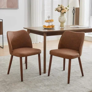Dining Chair Set of 2, Leather Upholstered Dining Chair with Wood Legs, Wing Backrest, Wooden Kitchen Chair, Kitchen Chairs with