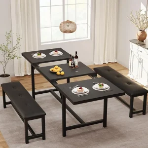 3 Piece Dining Table Set for 4-6, 63" Large Extendable Kitchen Table Sets with 2 Upholstered Benches, Rectangle Table for Kitche