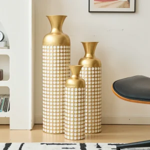 3Pcs Gold Floor Vase Set with White Dots 50/66/83cm, Vintage Metal Decorative Plant Pot for Home Decor