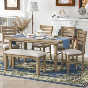 6-Piece Dining Table Set with Bench for 6 Rectangular Kitchen Table Set with 4 Chairs & Bench Retro Dining Room, Customized